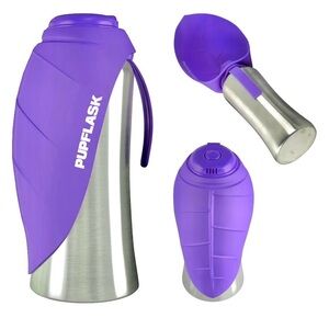 PUPFLASK Stainless Steel Travel Dog Water Bottle w Purple Silicone Bowl 27oz